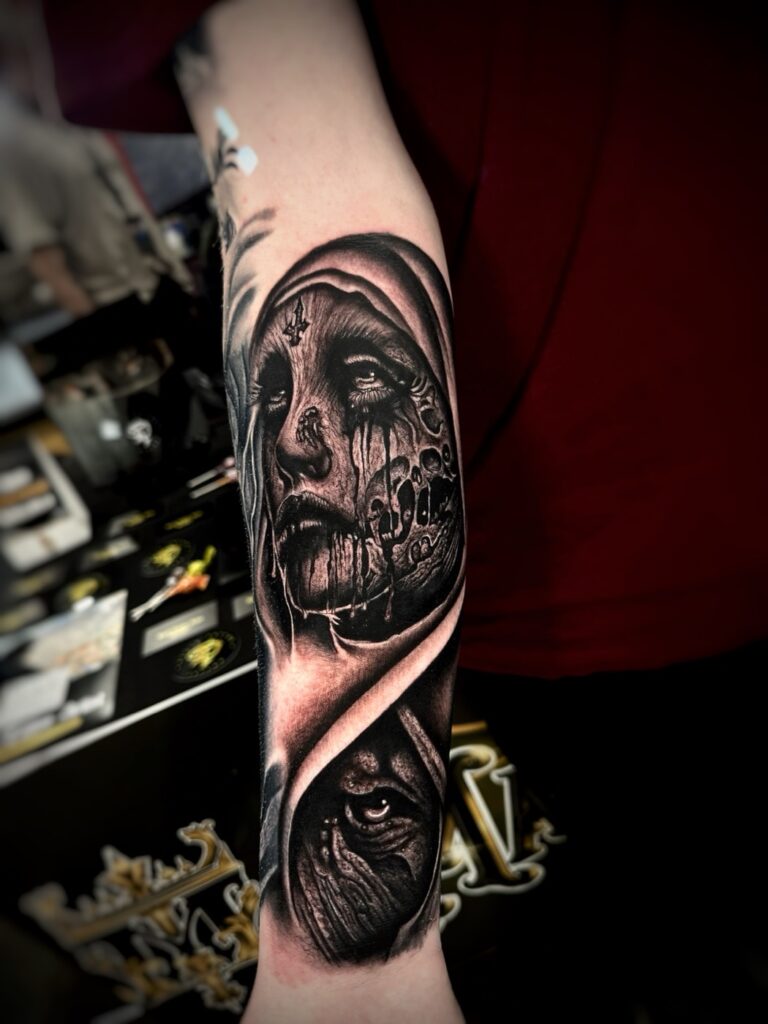 Black and grey horror portrait tattoo detail